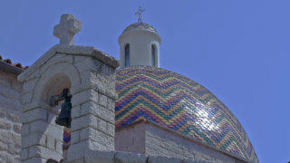 Olbia Sardinia colorful dome roof church stock footage